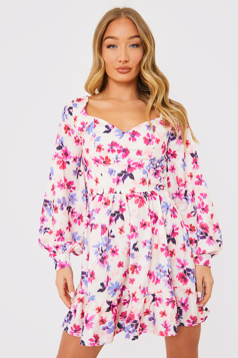 Floral Print Ruffle Detail Mini Dress With Lace Back