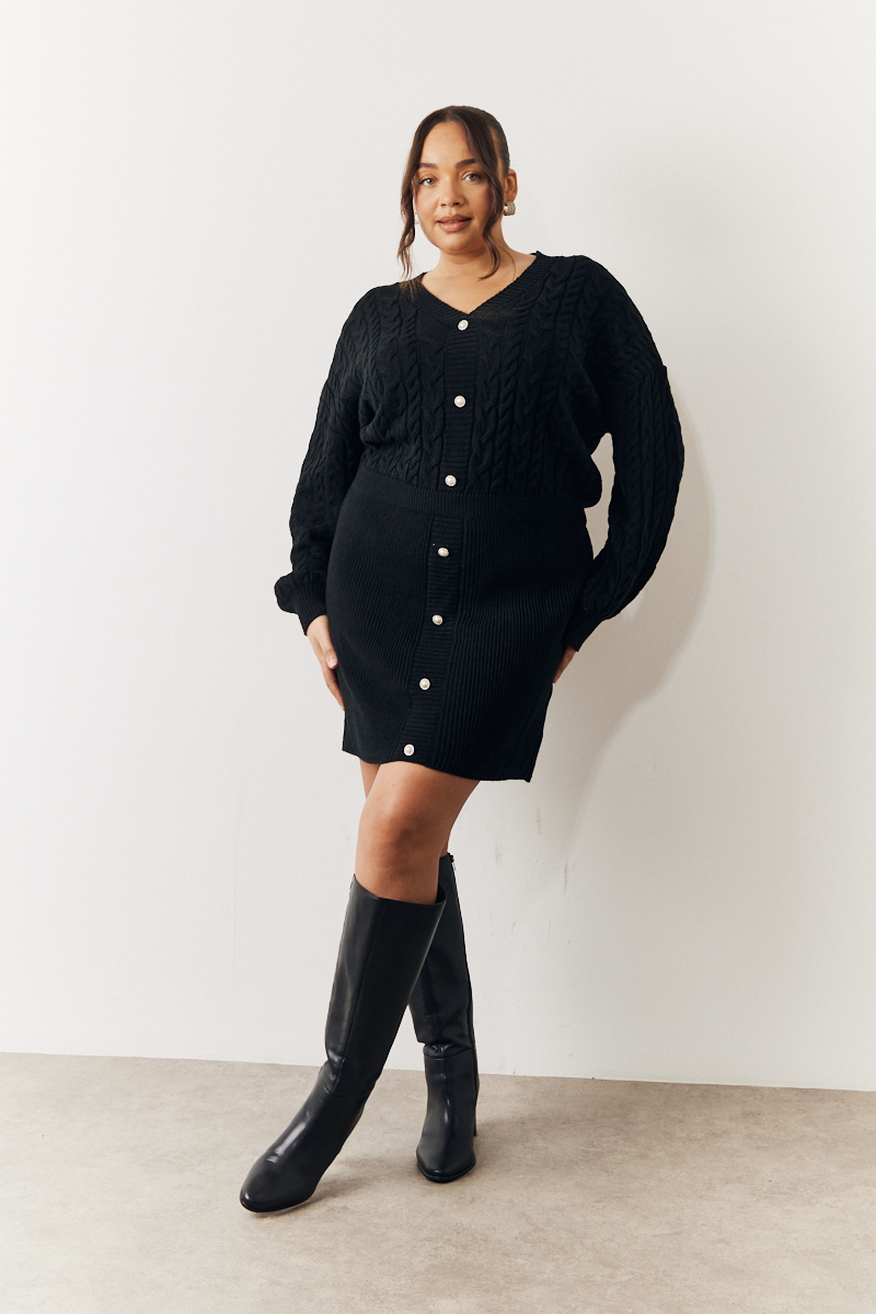 Cable Knitted Diamante Button Mini Dress