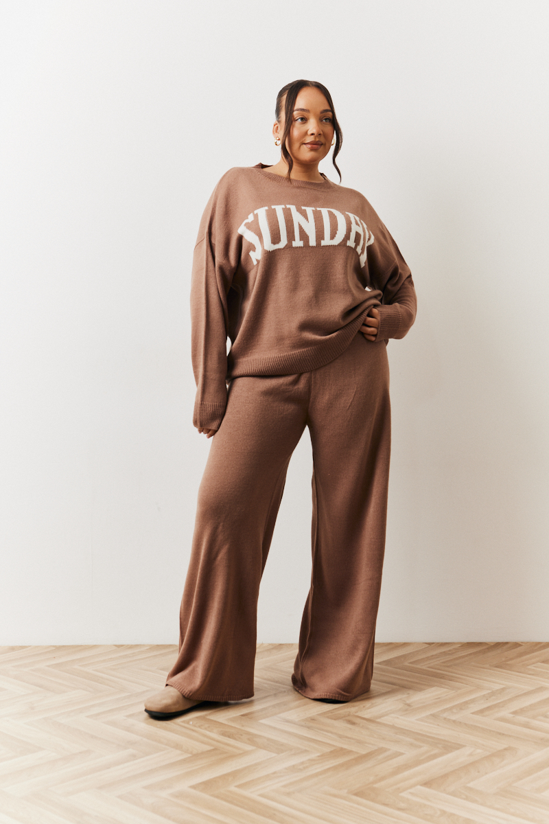 Mocha Knitted Wide Leg Co-ord Jogger- Dispatch Tomorrow 