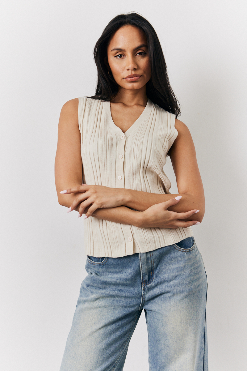 Ecru Ribbed Button Up Knitted Waistcoat