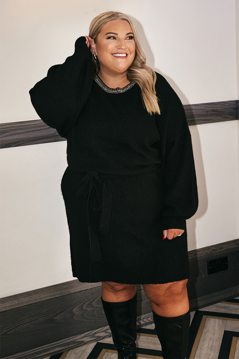 Embellished Crew Neck Belted Knitted Mini Dress