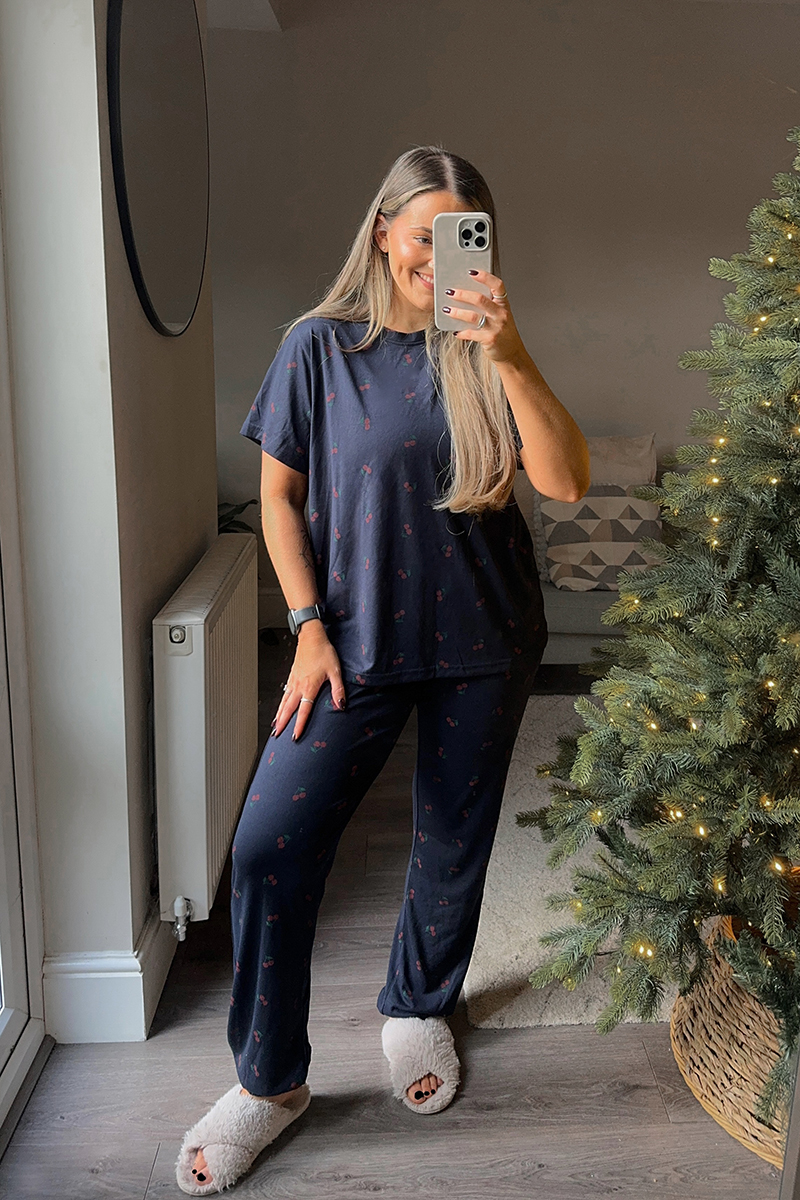 Navy Cherry Print T Shirt and Cuff Jogger Pj Set