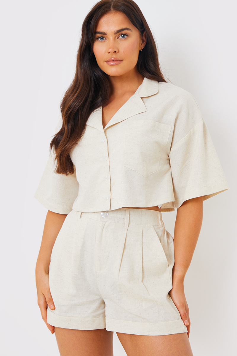 Linen Look Cropped Boxy Shirt