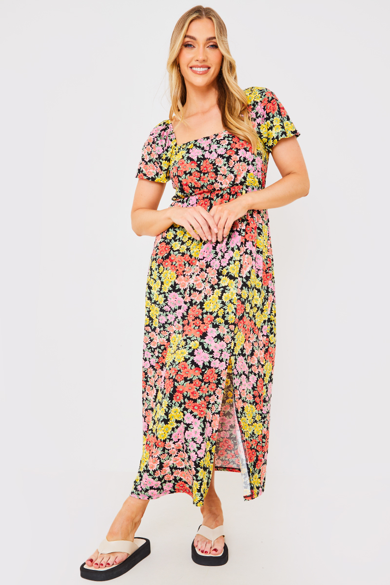 Sustainable Floral Milkmaid Side Split Midi Dress