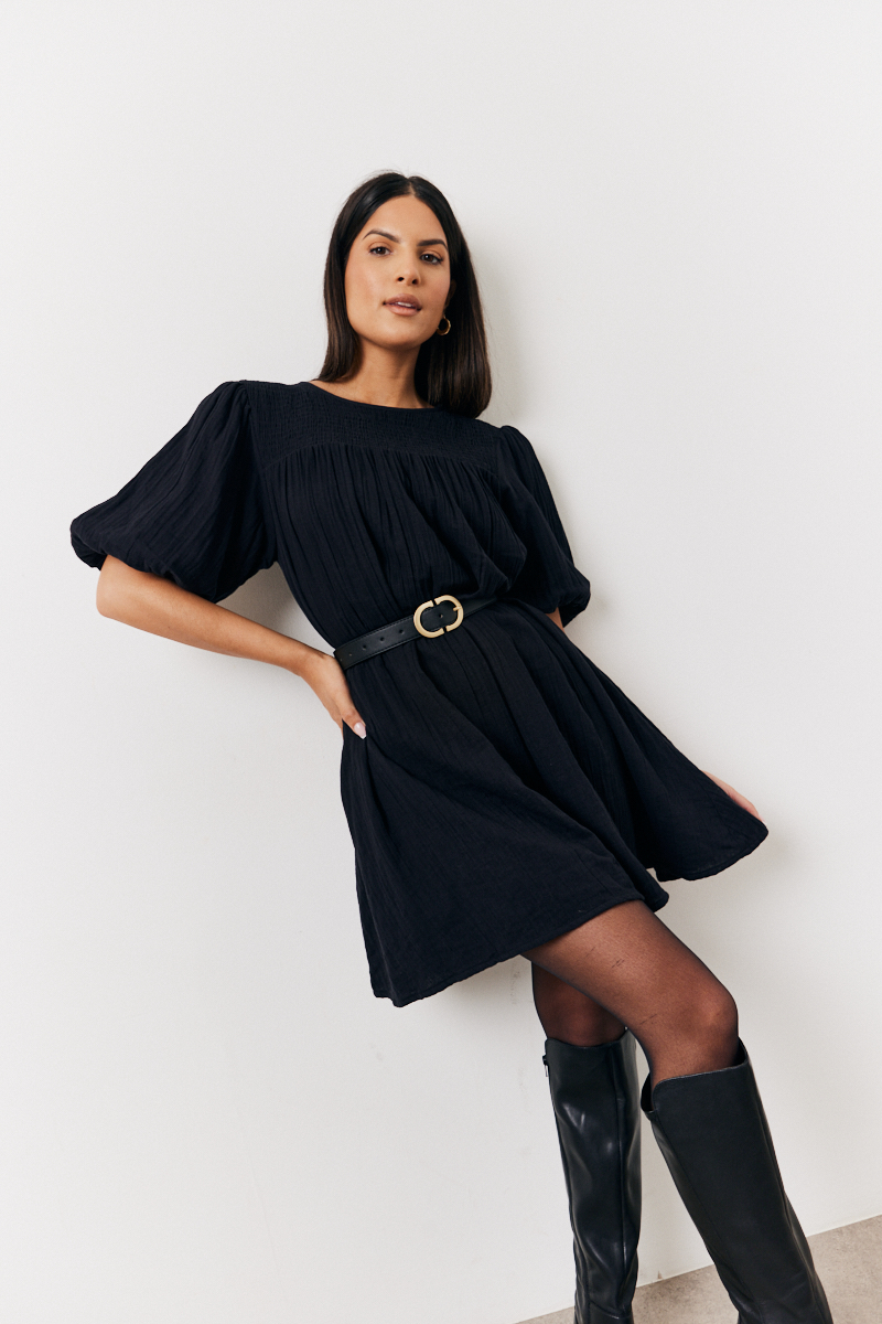 Recycled Textured Puff Sleeve Smock Mini Dress