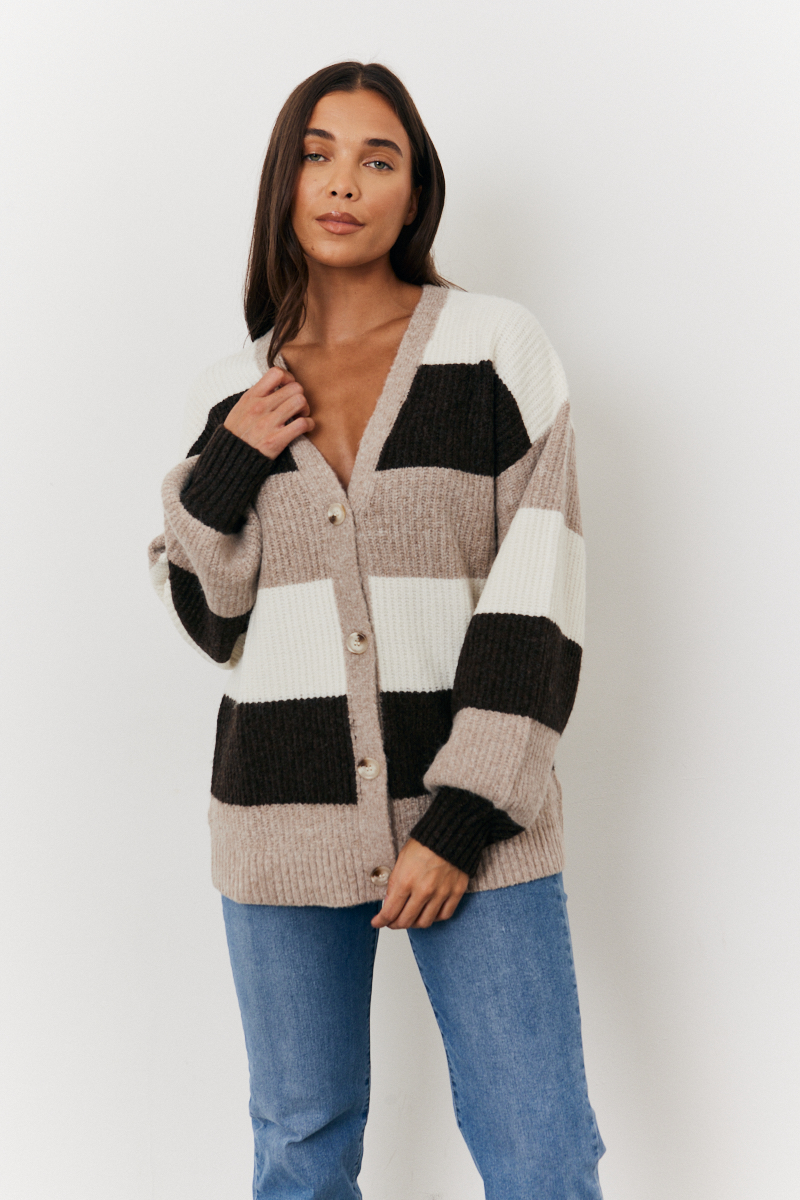 Recycled Button Up Knit Stripe Tonal Cardigan