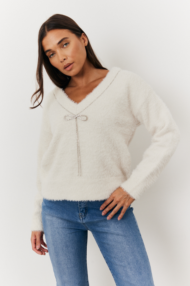 Embellished Bow Detail Fluffy Knit Jumper
