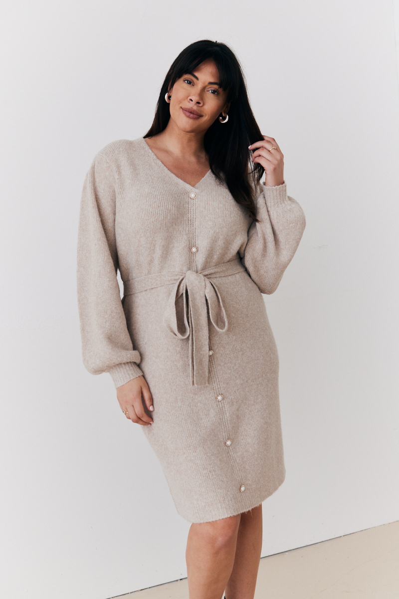Recycled Pearl Button Detail Knit Belted Mini Dress