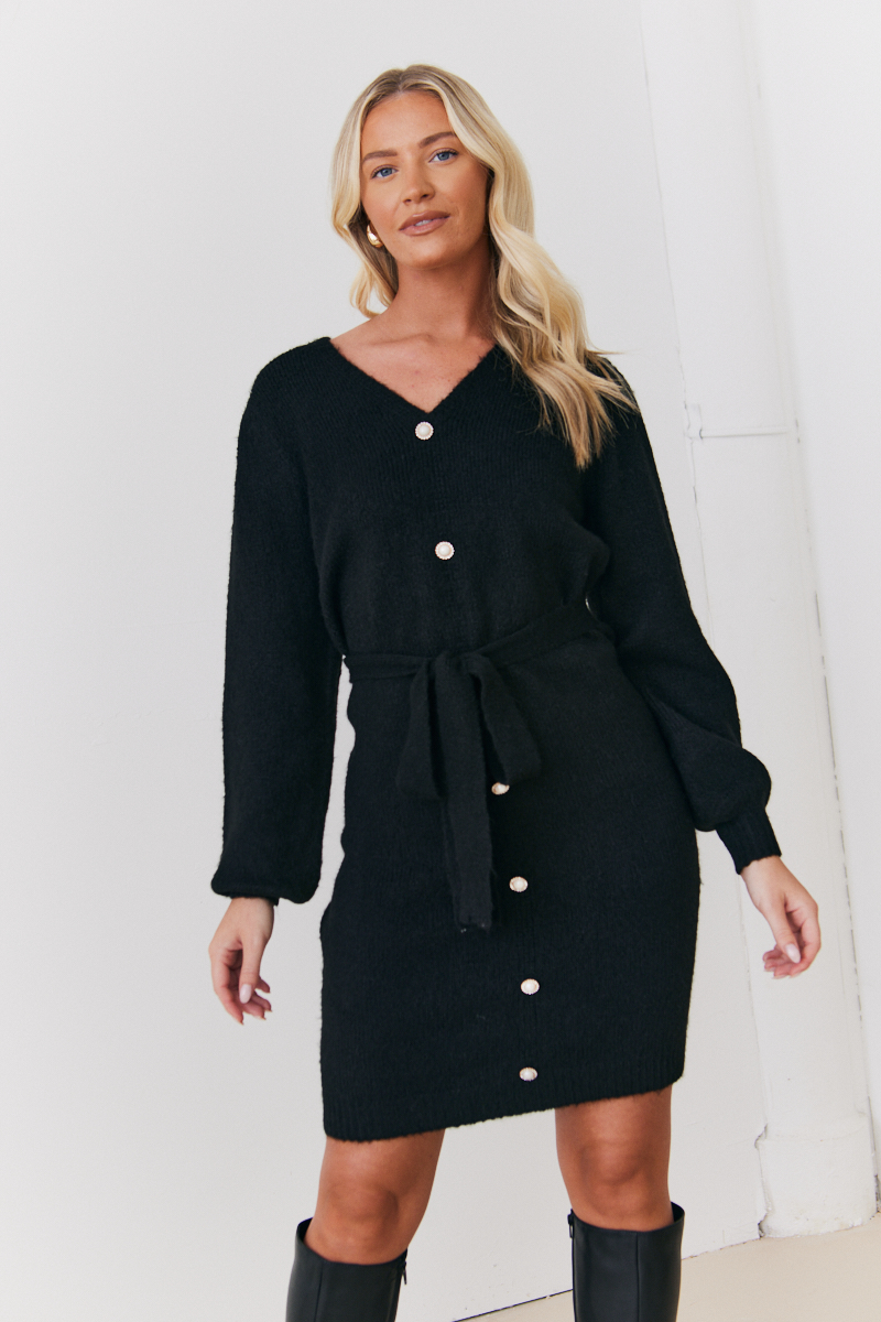 Recycled Pearl Button Detail Knit Belted Mini Dress