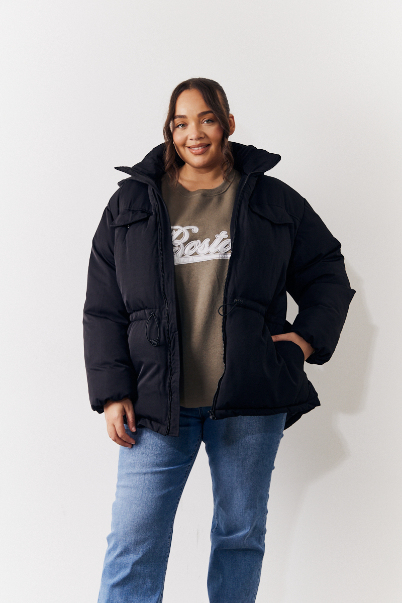 Hooded Drawstring Waist Puffer Coat
