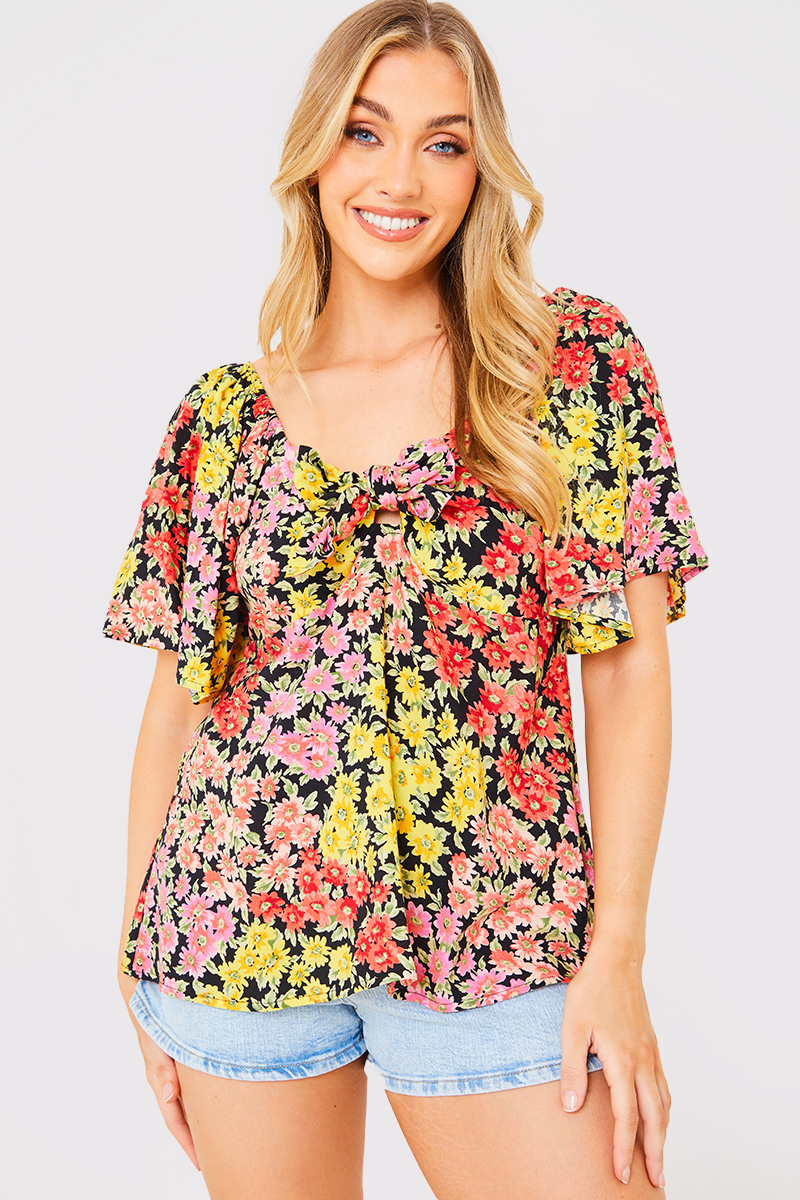 Sustainable Floral Tie Front Flute Sleeve Smock Top