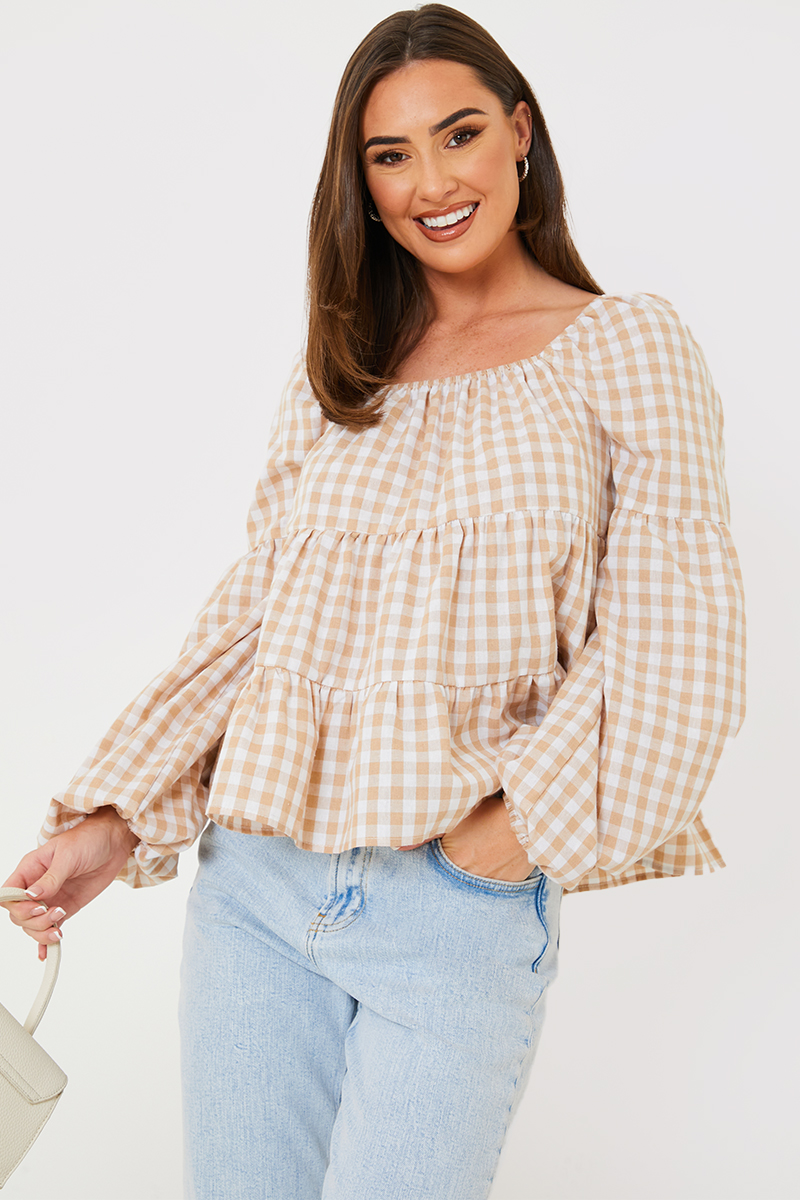 Gingham Print Puff Sleeve Blouse