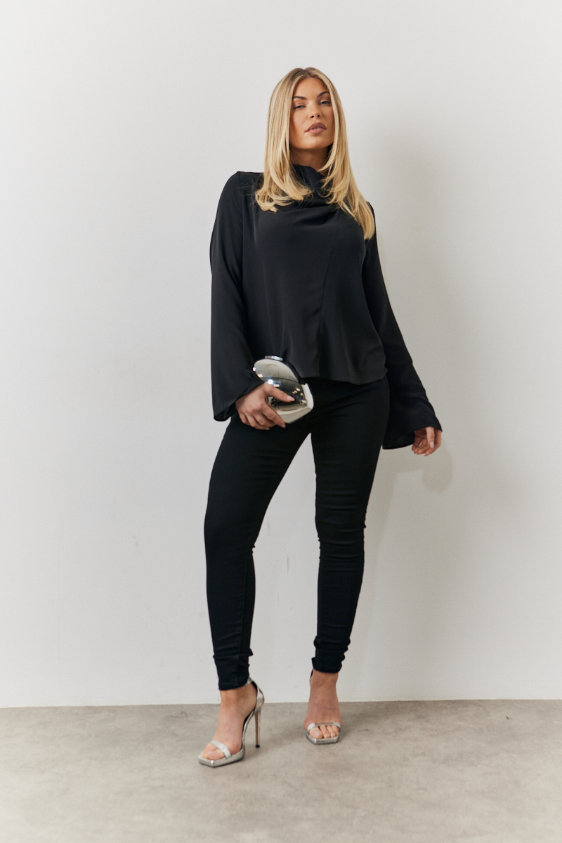 Secret of Elegance Satin Back Chain Cowl Neck Draped Blouse