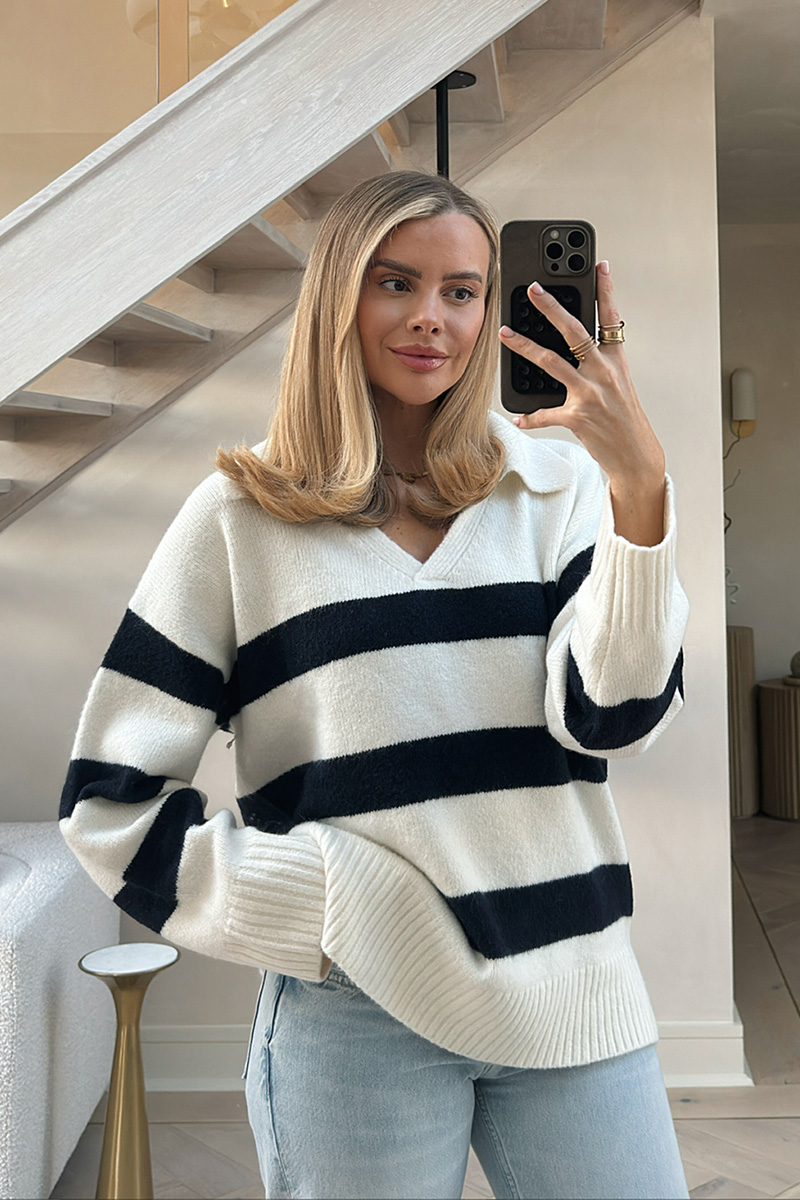 In The Style Perrie Sian Cream Contrast Sleeve High Neck Jumper