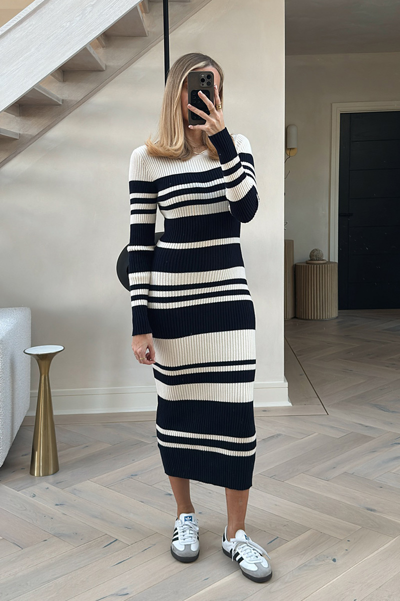 Knit Stripe Long Sleeve Midaxi Dress