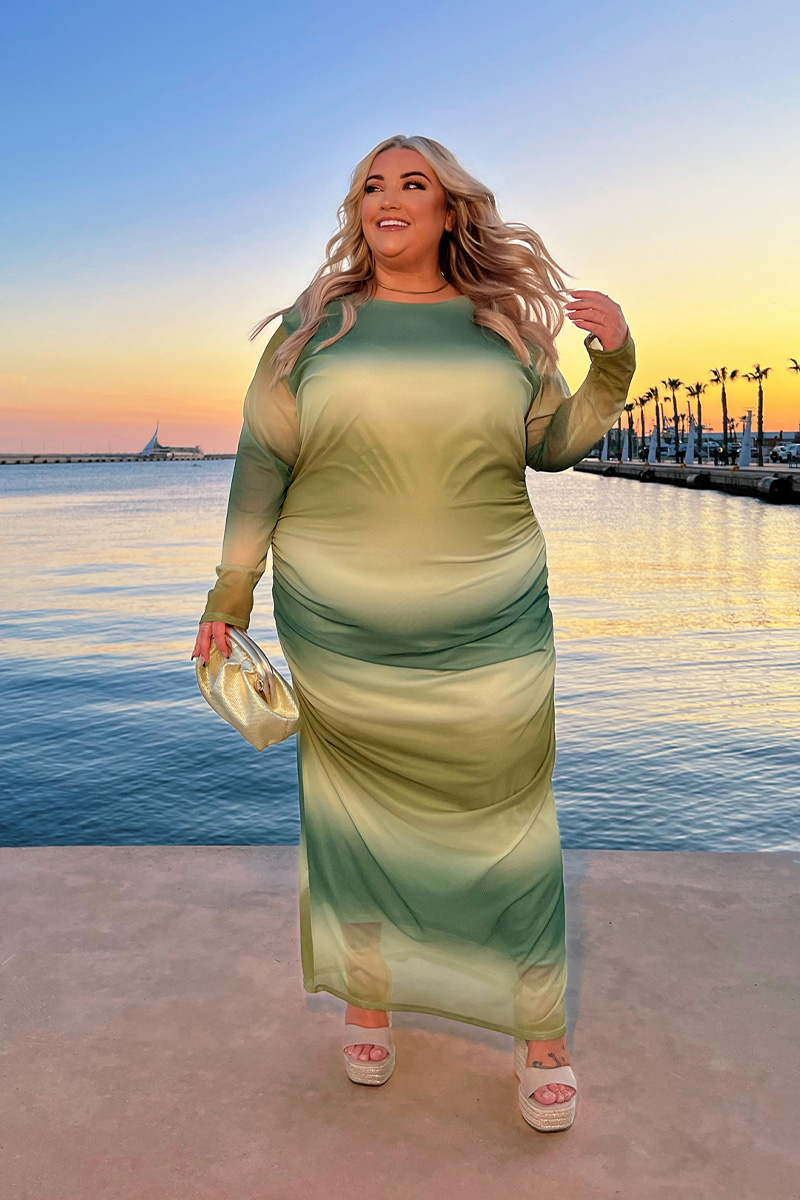 Printed Ombre Mesh Long Sleeve Maxi Dress