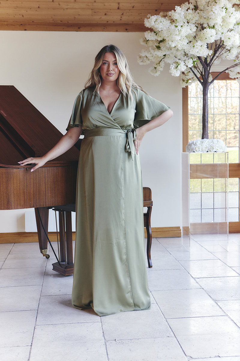 Olive Satin Wrap Tie Angel Sleeve Maxi Dress