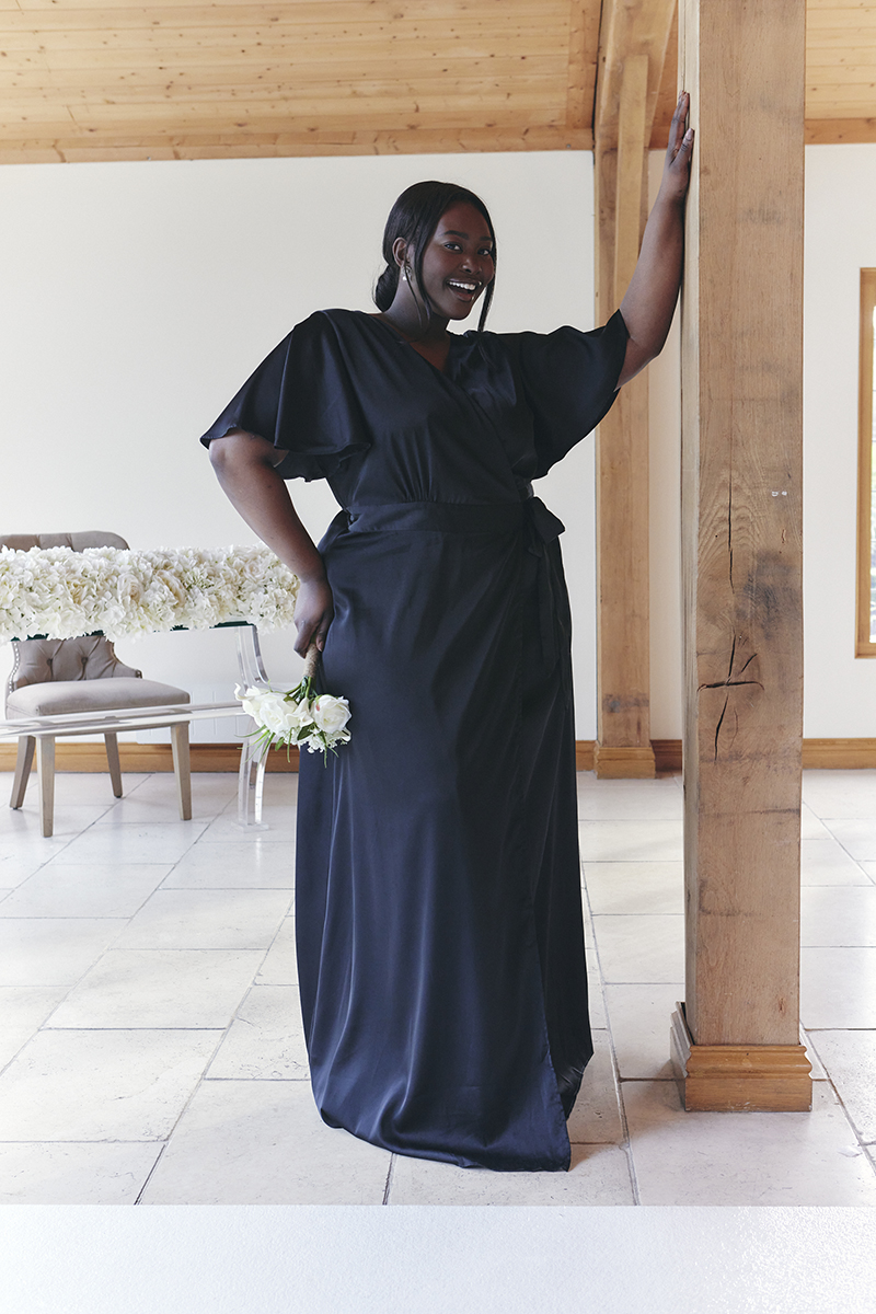 Black Satin Wrap Tie Angel Sleeve Maxi Dress