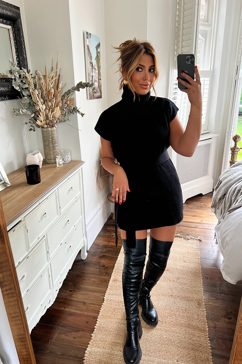 Roll Neck Belted Knit Longline Jumper