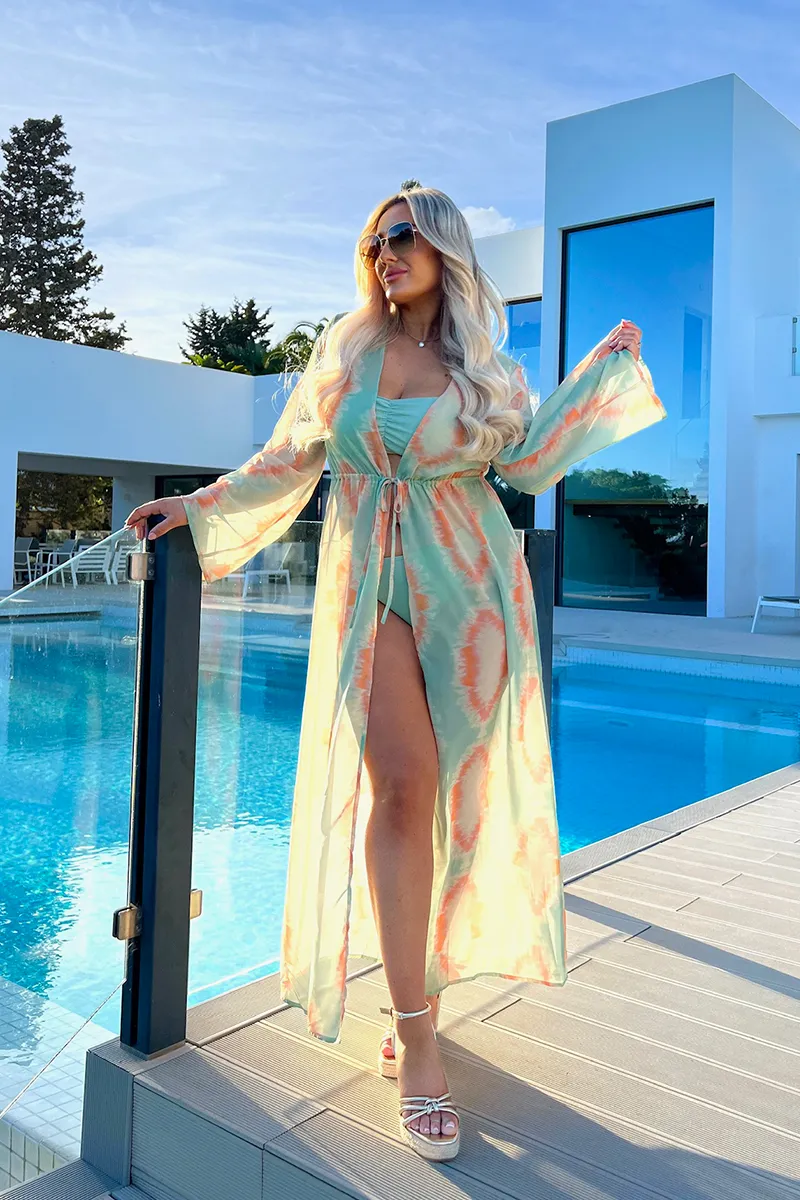Printed tie front kimono