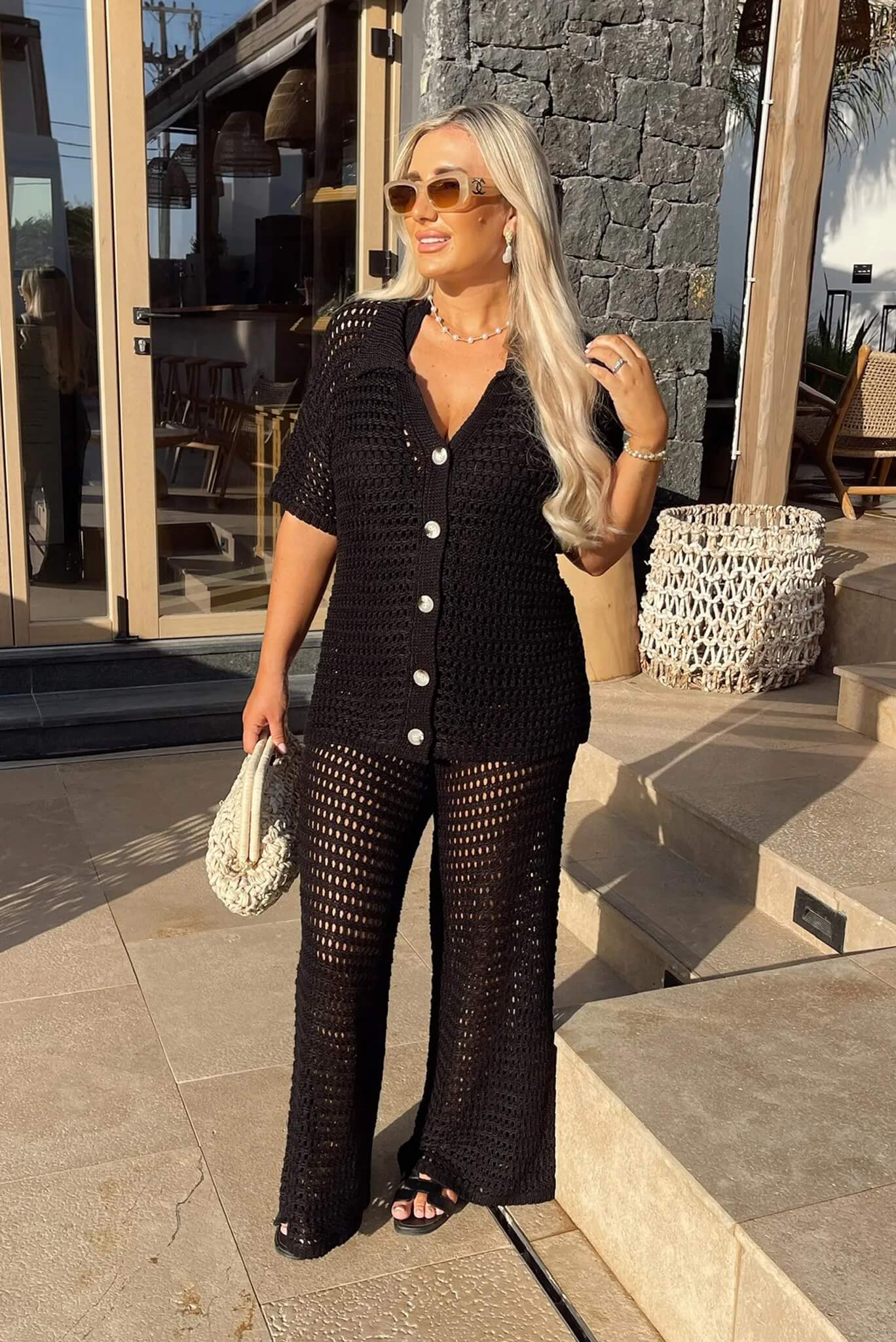 Crochet button down shirt + Wide leg trousers co-ord