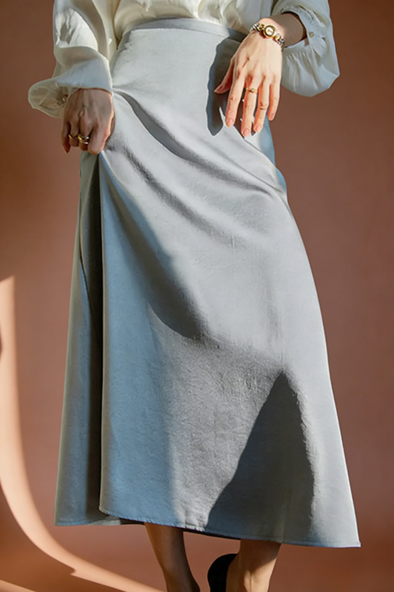 French Retro Silk High Waist Midi Skirt A21031922BL