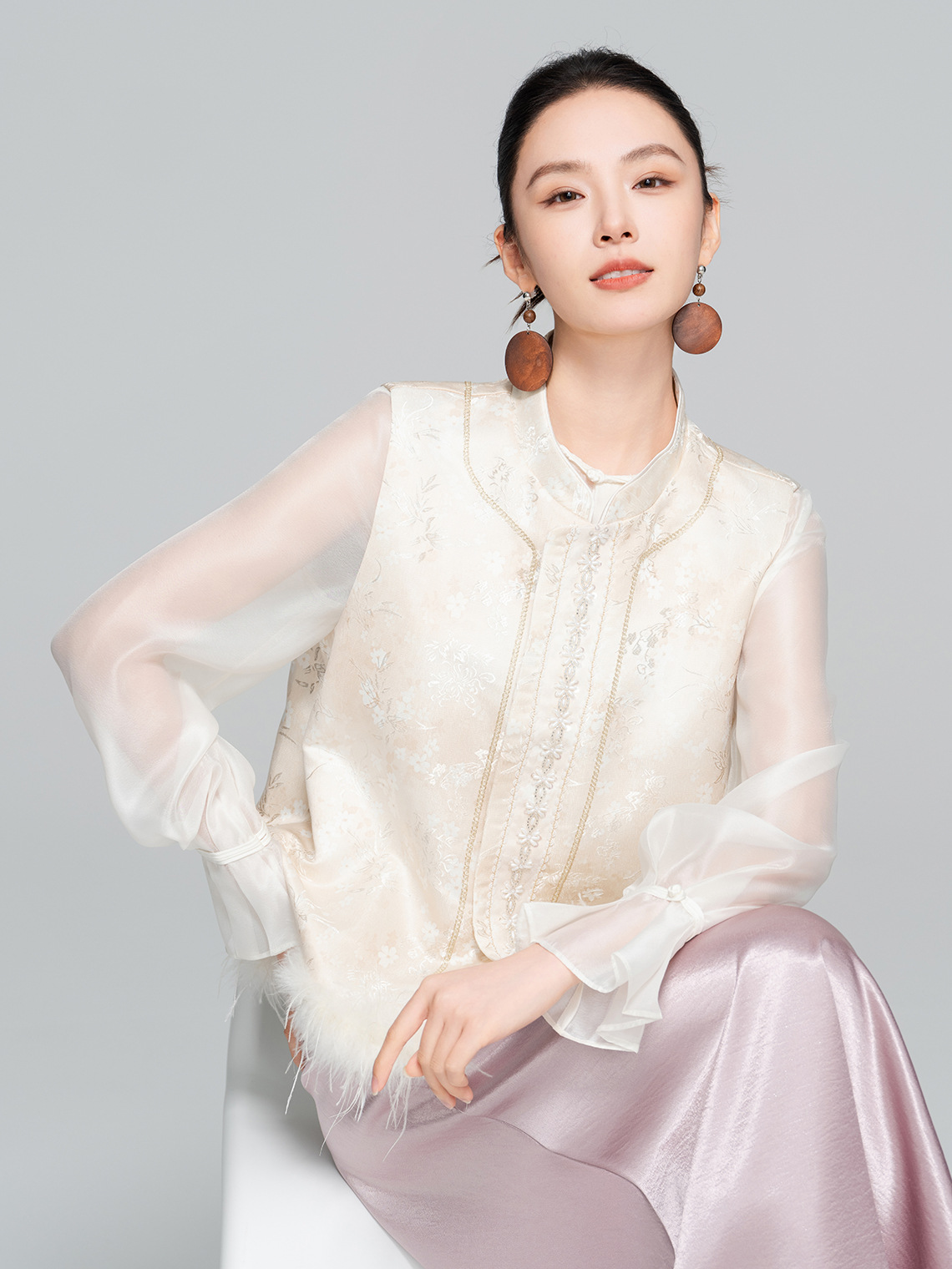 Stand Collar Jacquard Furry Vest Top CA2025121512W