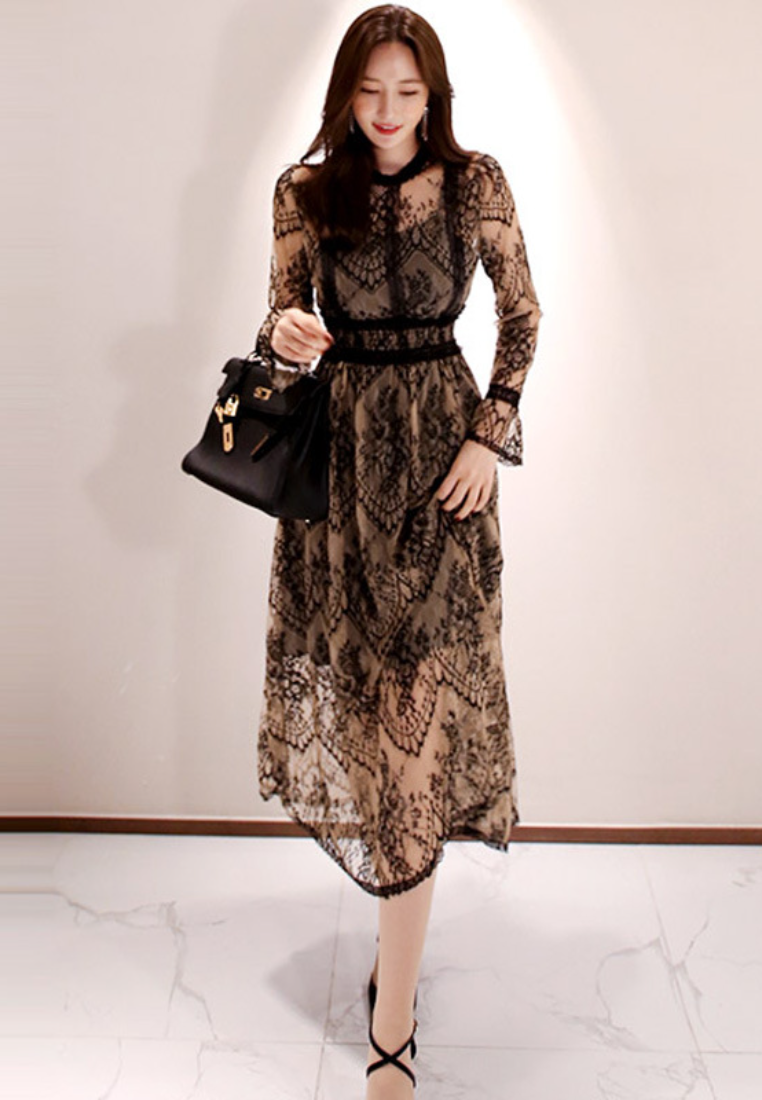 New Elegant Sheer Lace Midi Dress K25121104