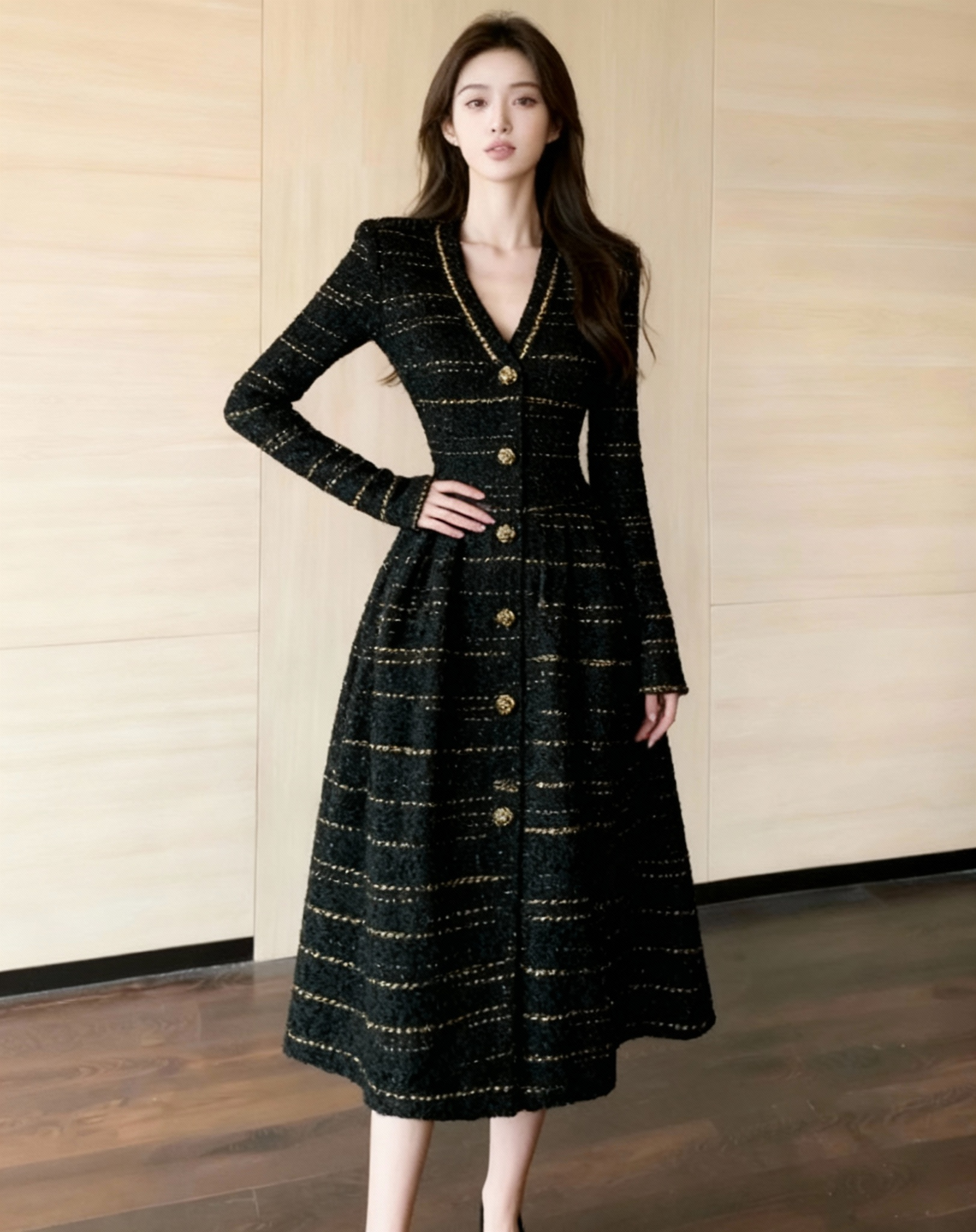 New Elegant Black V-neck dress for women K010604