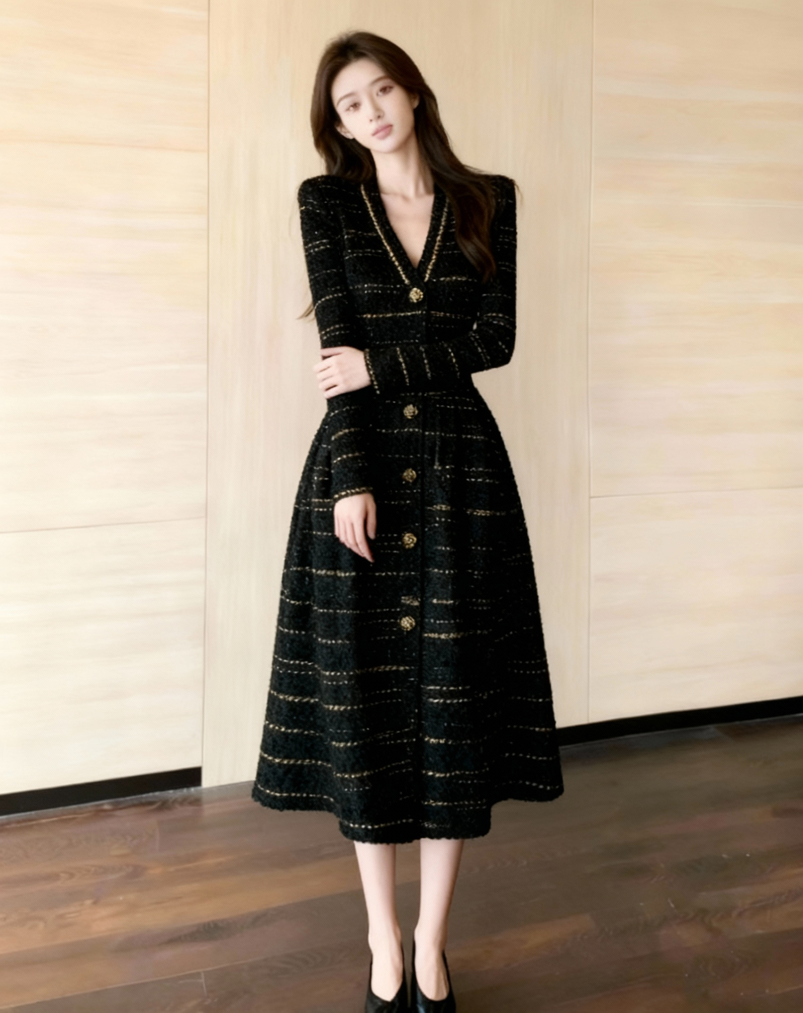 New Elegant Black V-neck dress for women K010604