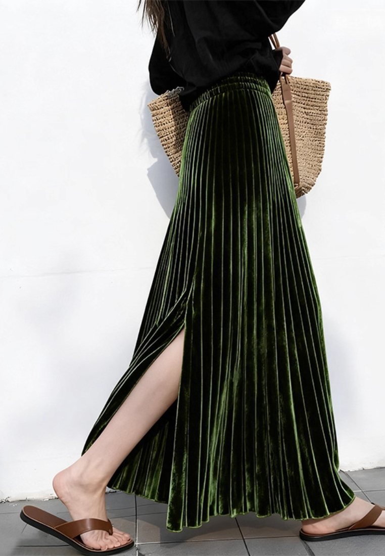 New retro high-waisted green A-line pleated velvet midi skirt for women K010607