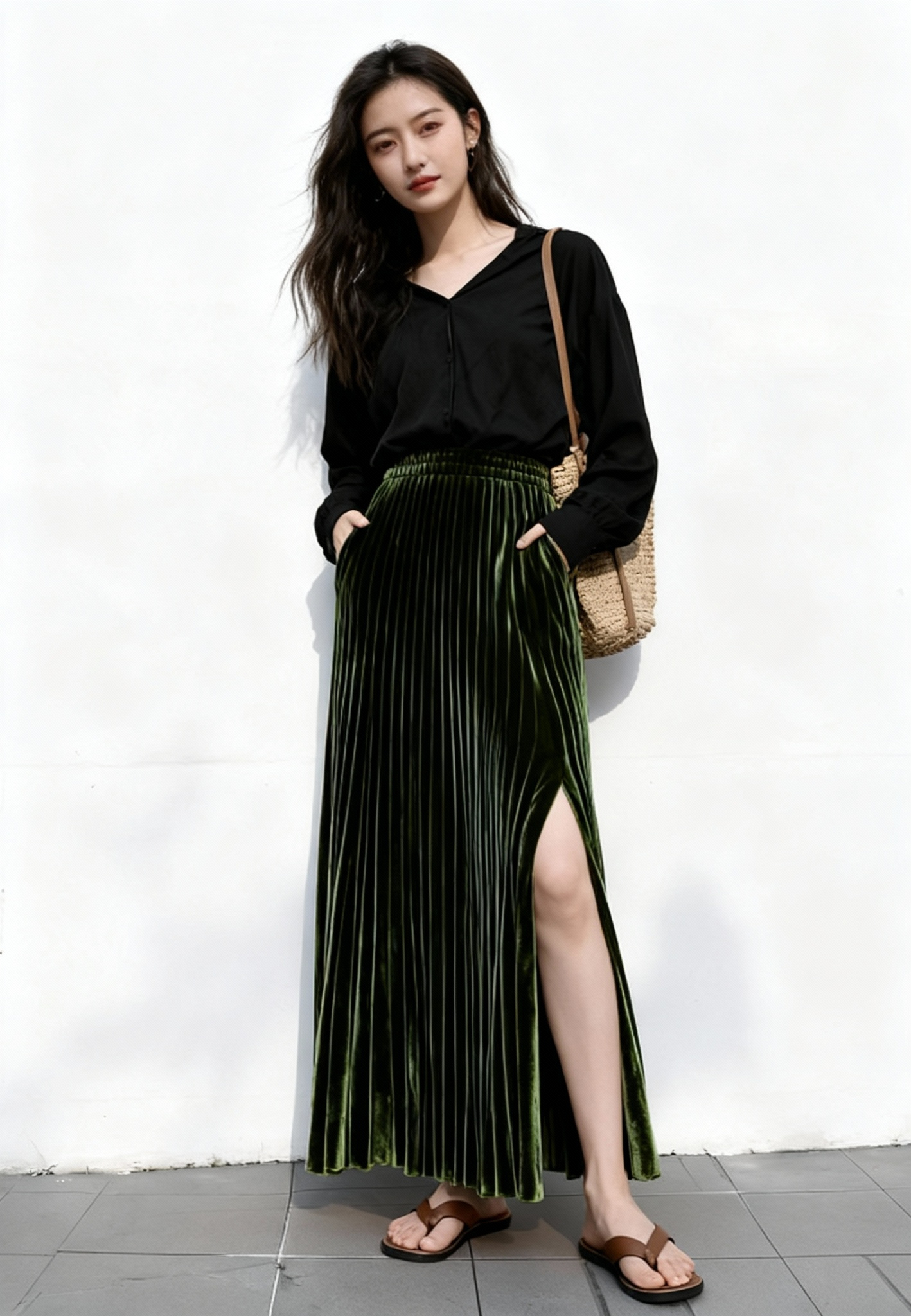New retro high-waisted green A-line pleated velvet midi skirt for women K010607