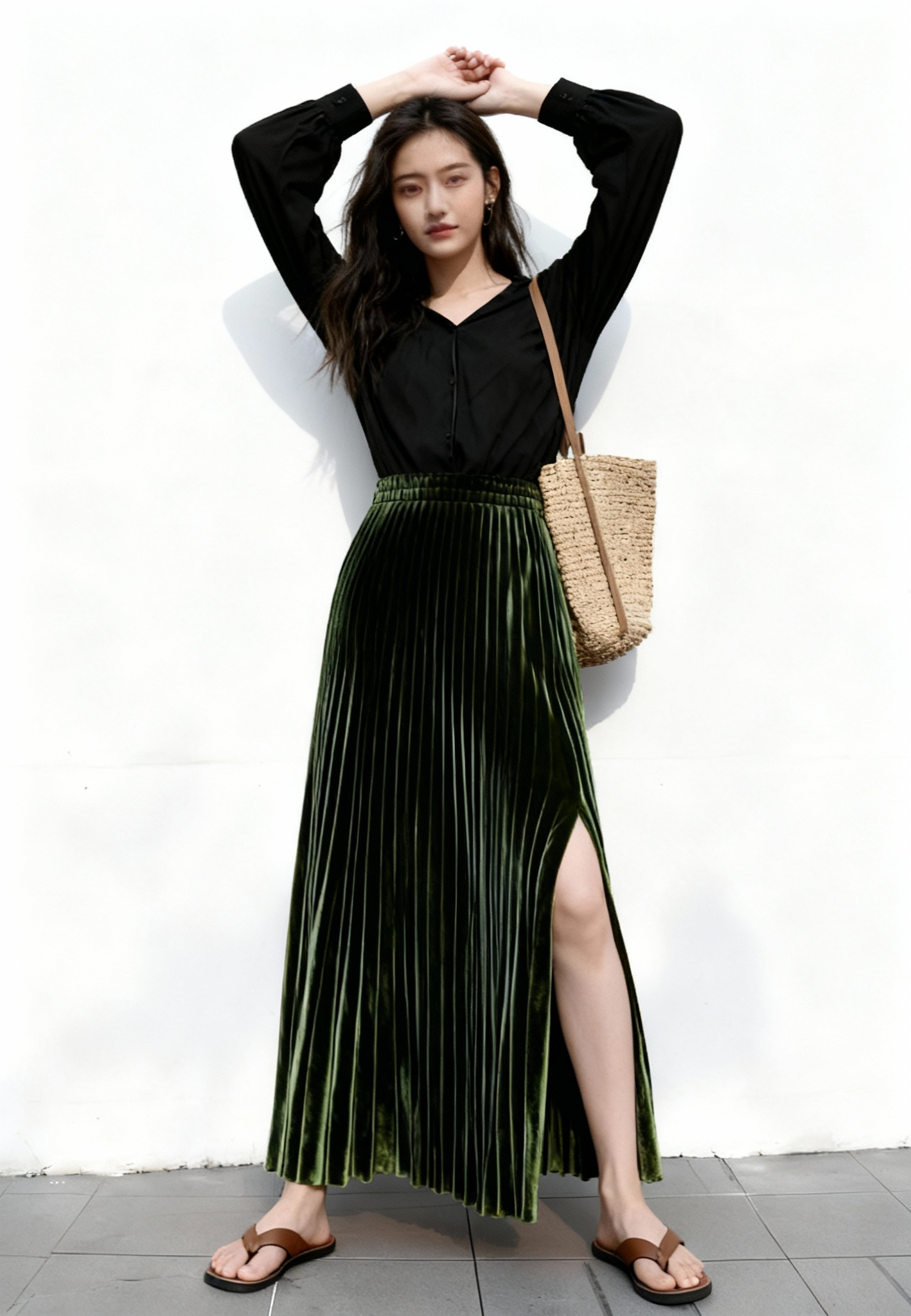 New retro high-waisted green A-line pleated velvet midi skirt for women K010607