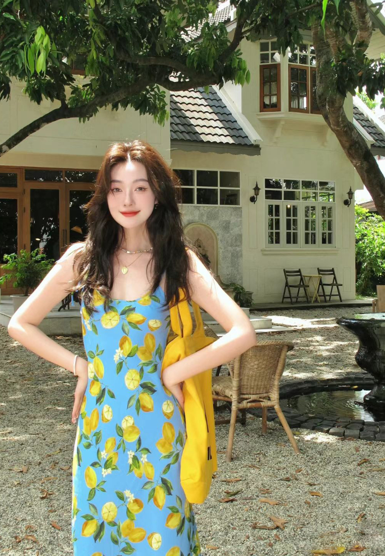 Lemon Print Spaghetti Strap Maxi Dress Summer Beach Vacation Sundress K26033102