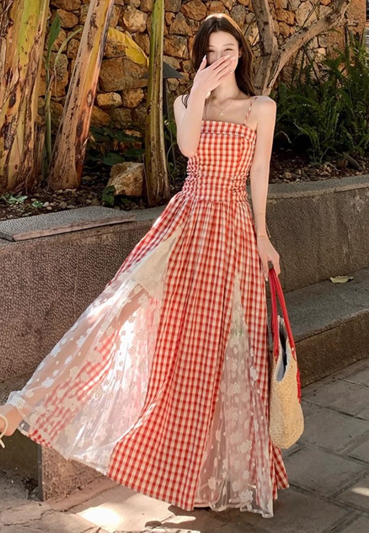 Gingham Spaghetti Strap Maxi Dress Red Plaid Boho Beach Long Dress K26033103