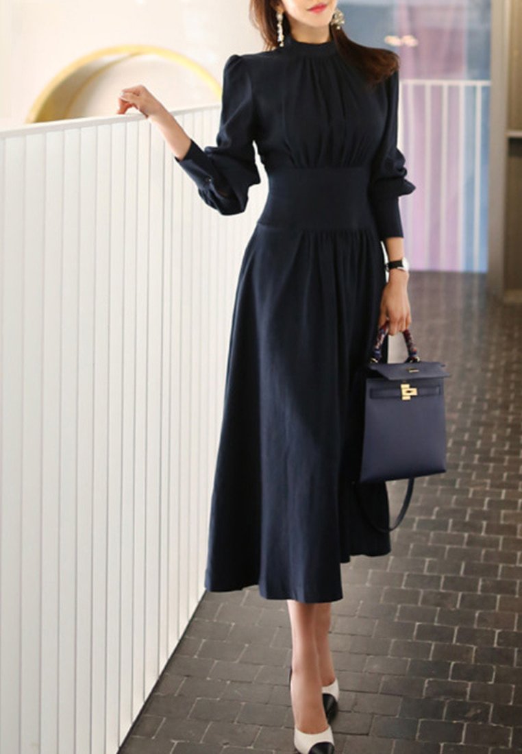 New Elegant stand-up collar lantern sleeve high-waisted slim-fit dress K25121106