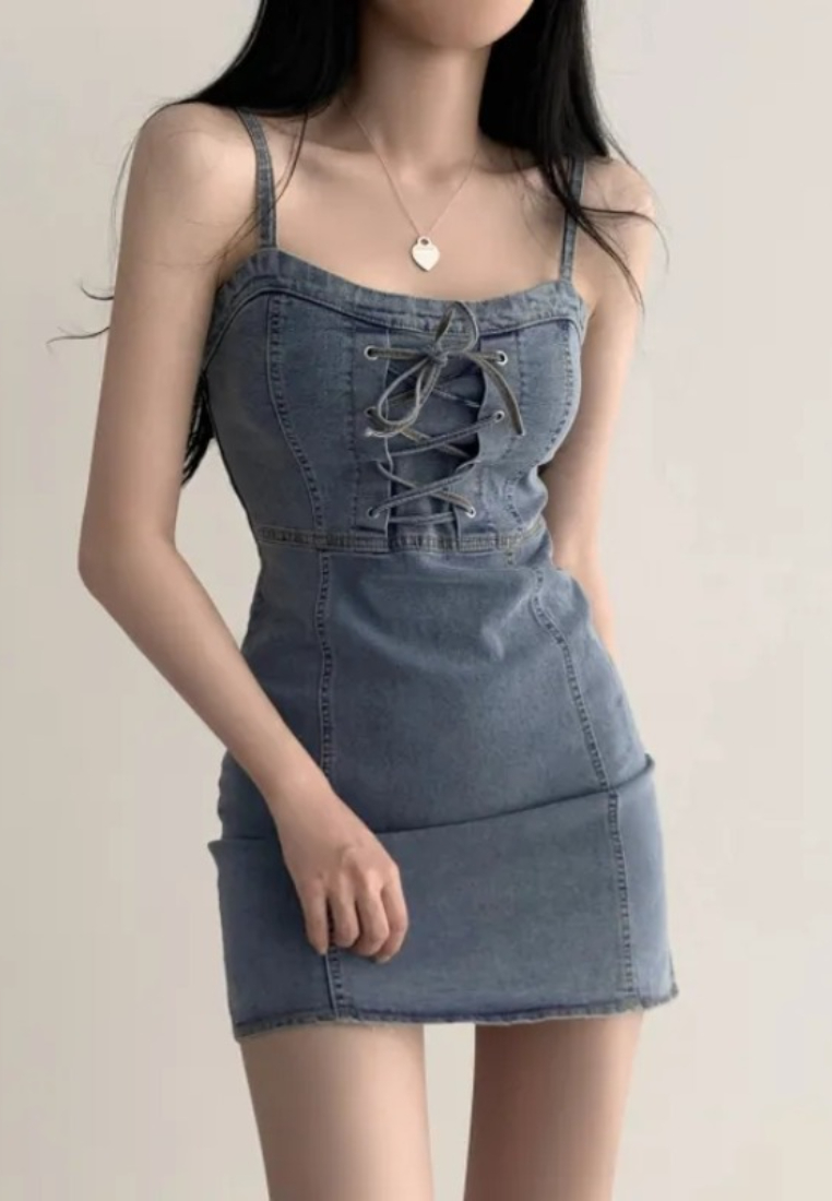 Chic Style Lace-Up Spaghetti Strap Denim Mini Dress Multi Color K26042908