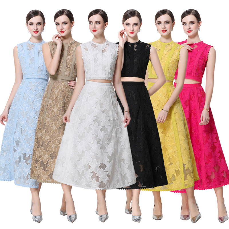 Elegant Lace Crop Top And Skirt Set Sleeveless Floral Embroidery Cocktail Dress K26032402