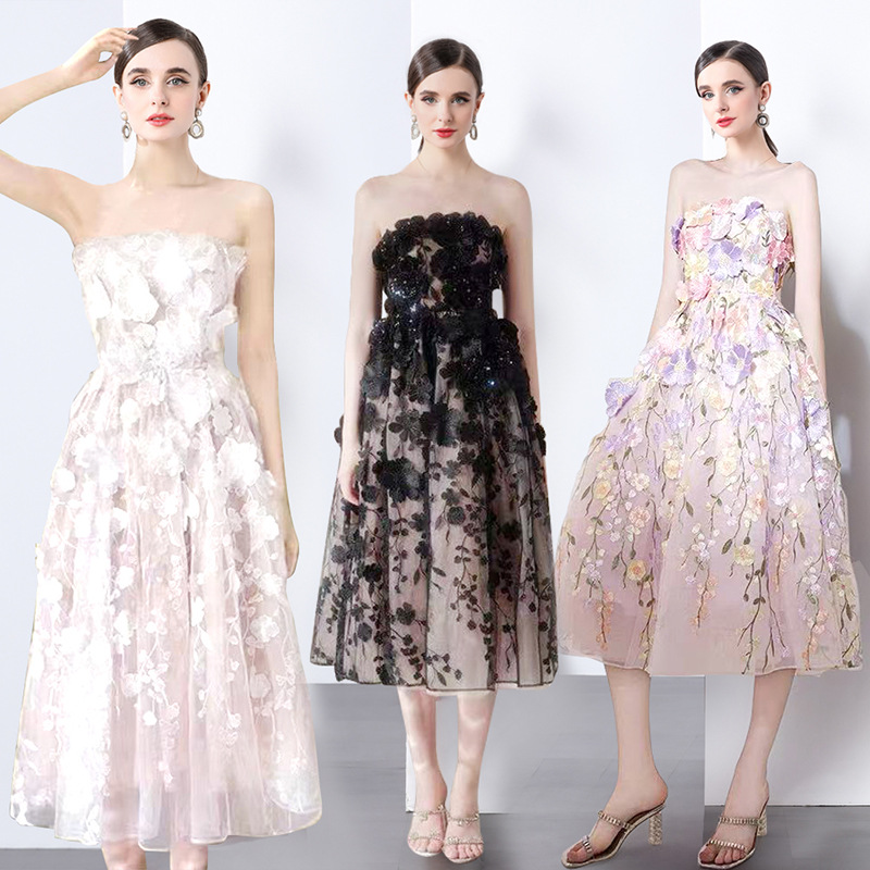 New S/S French-style floral dress embroidered strapless Party dress K26011201