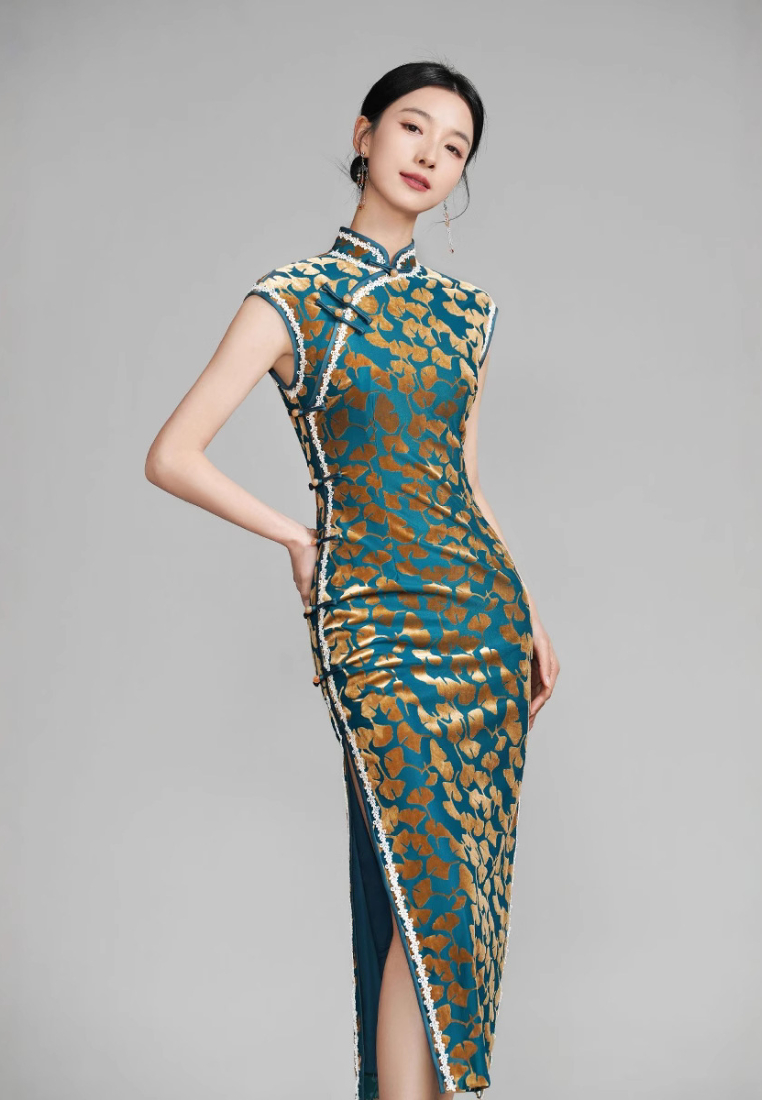 Vintage Velvet Gold Print Improved Cheongsam Elegant Slim Slit Maxi Dress K26012802