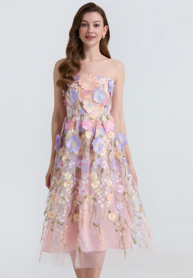 Strapless 3D Floral Tulle Midi Dress Prom Party Wedding Guest Dress K26032301