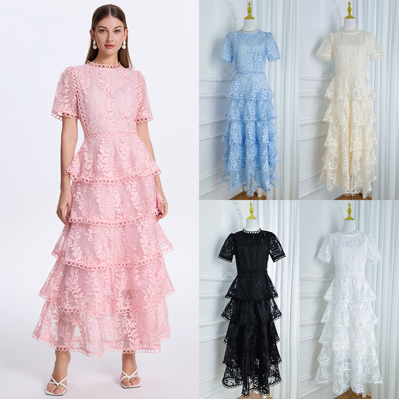 Short Sleeve Floral Lace Tiered Midi Dress Elegant Cocktail Party Dress K26032404