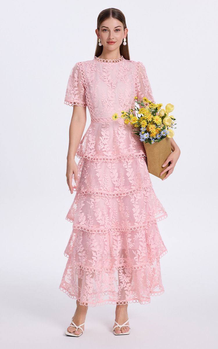 Short Sleeve Floral Lace Tiered Midi Dress Elegant Cocktail Party Dress K26032404