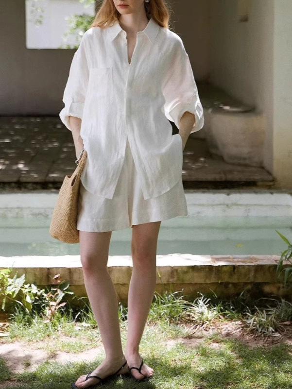 Classic Linen Long Sleeve Shirt And Shorts Set Women Casual Two Piece Outfit K26032406