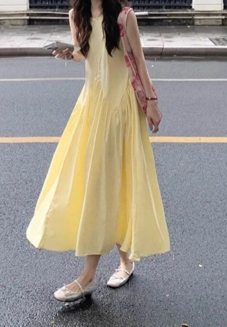 Sleeveless Tank A Line Maxi Dress French Style Yellow Summer Casual Dress K26033101