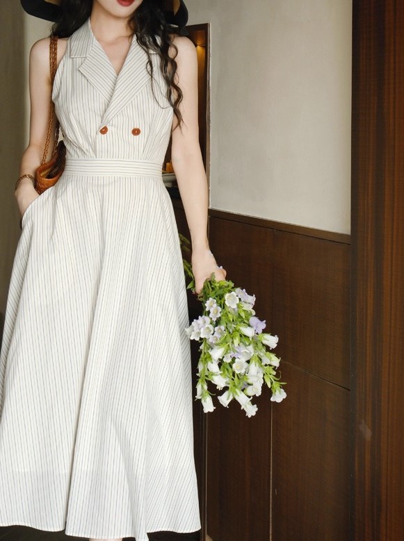 Retro Pinstripe Sleeveless A Line Long Dress Elegant Summer Casual Dress K26033108