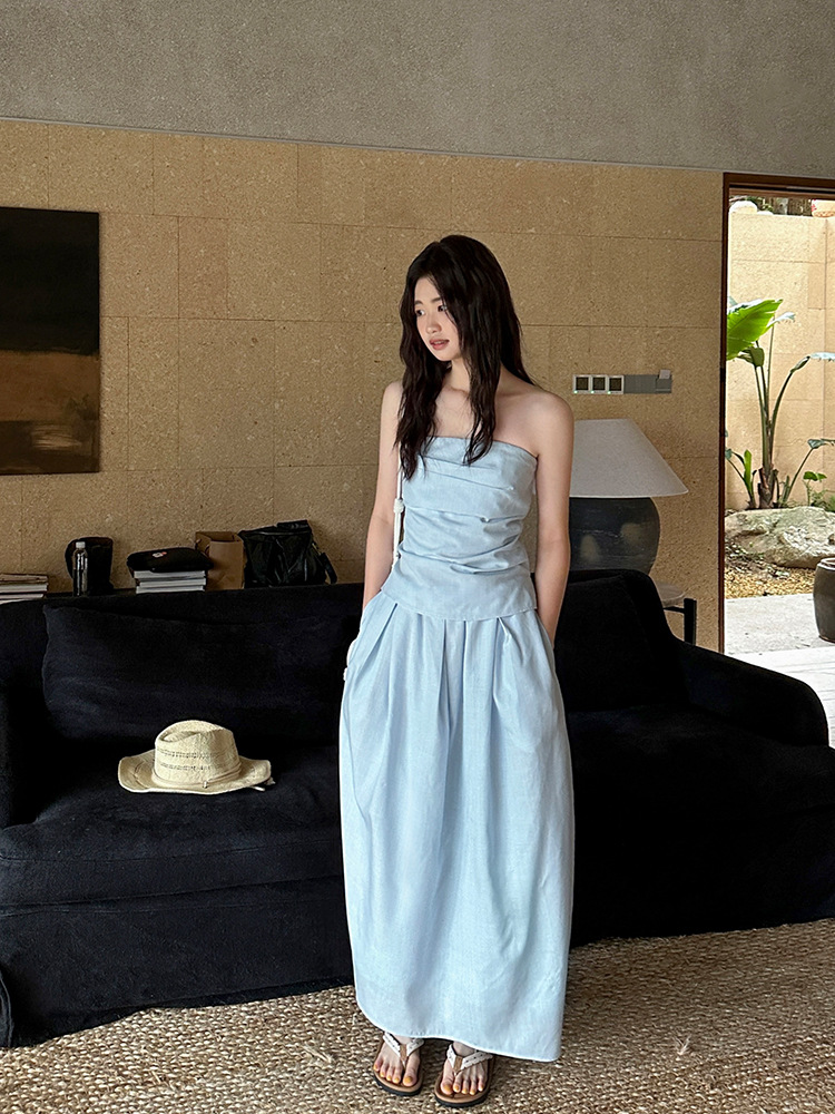 French ruched tube top and maxi skirt set K26051201