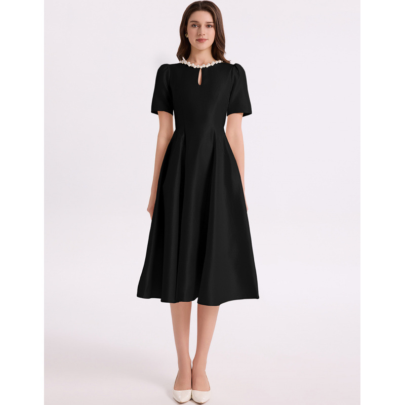 Elegant pearl neck short sleeve midi dress K26051308