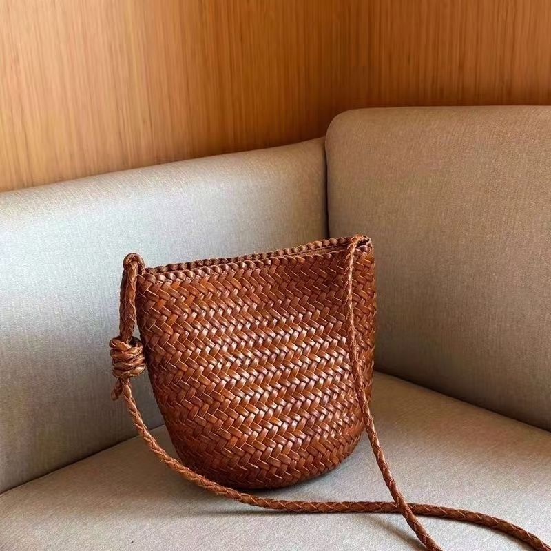 Vintage Woven Leather Bucket Crossbody Bag K 26051908