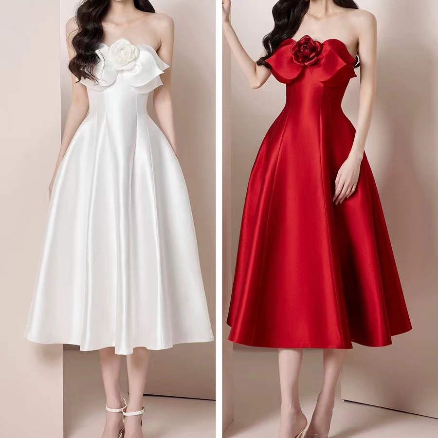 New French-style floral satin strapless maxi dress K25120904